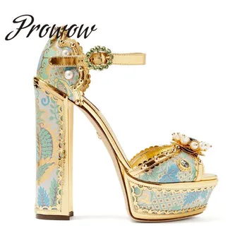 

Ollymurs Jewel Emblishment Metallic Leather Plaftorm Sandals Floral Embroidery Chunky Heels Bridal Wedding Sandals