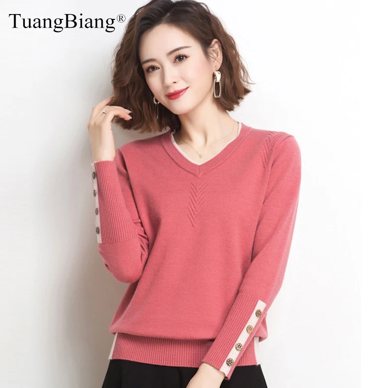 Women Wool Winter 2021 Soft Ribbed Sweaters Loose Cotton V-Neck Button Striped Red Pullover Long Sleeve Comfortable Knitted Tops | Женская