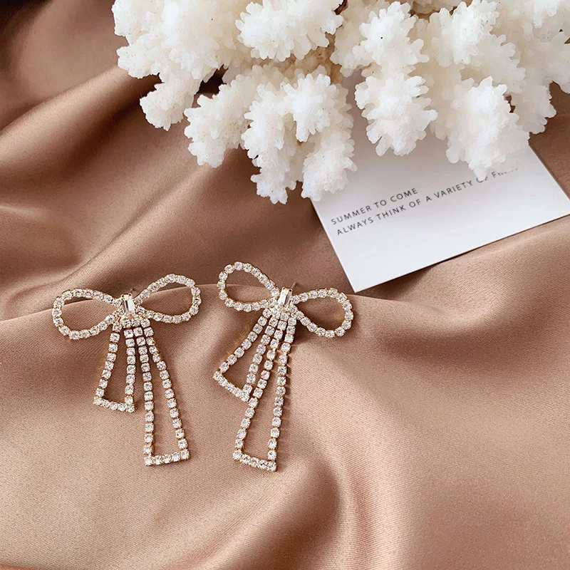 Korean Tassels Big Bow Luxury Earrings Women Temperament Shinny Rhinestone Statement Knot Clip Without Piercing | Украшения и