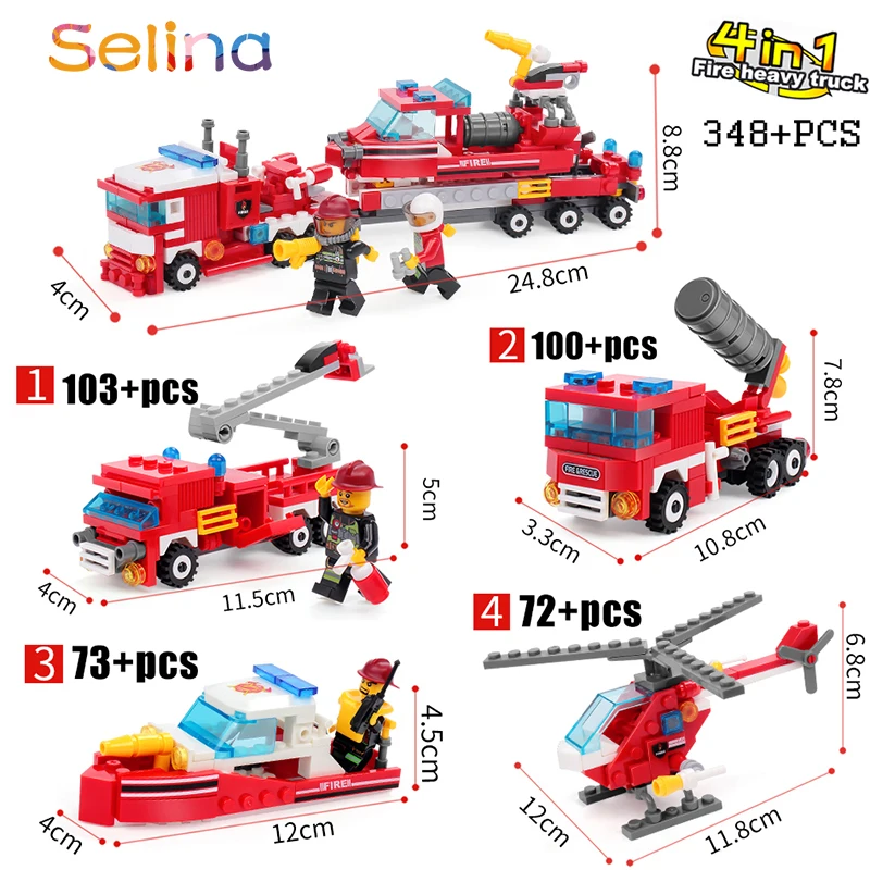 

348pcs Fire Fighting 4in1 Trucks Car Helicopter Boat Building Blocks Firefighter figures Bricks rescue vehicle Compatible