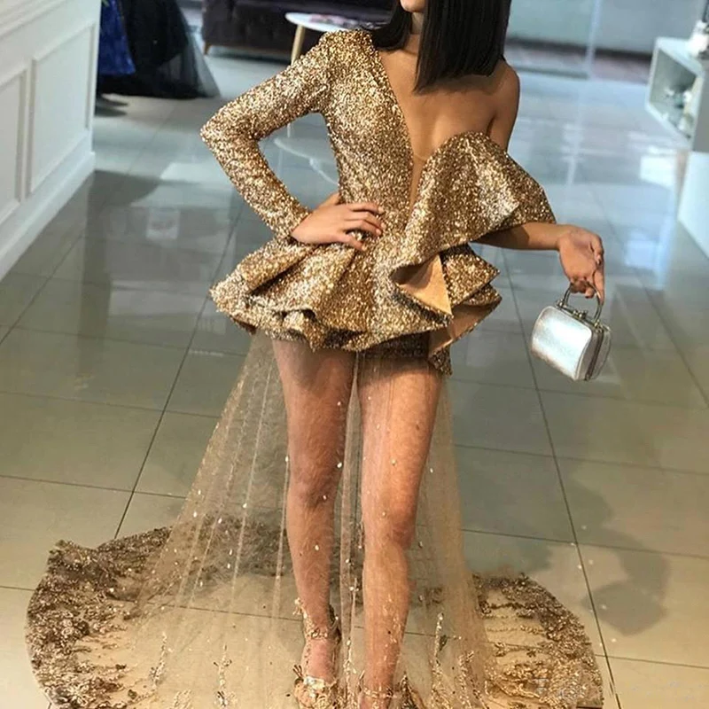 

Sparkly Sequins Gold Appliques Prom Dresses Mermaid 2019 Ruffles One Shoulder Women Occasion Party Dresses Sexy Evening Gowns
