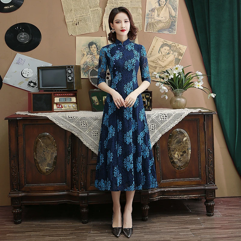 

Элегантное кружевное платье Чонсам Ao Dai ципао большого размера улучшенное платье ципао в китайском стиле для молодых мам платье ципао женское платье ципао