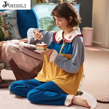 

JRMISSLI women's pajamas long-sleeved trousers suit princess style girl cotton home service Pyjama Plus Size Pijama