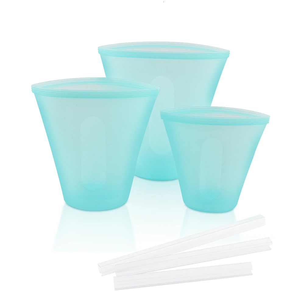 8 шт Силиконовые контейнеры для хранения продуктов герметичная миска для свежей еды многоразовая стоячая застежка-молния закрывающая сумка для фруктов и овощей герметичная чашка с уплотнением - Цвет: 3pcs Blue Cup H