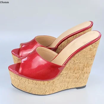 

Olomm Handmade Women Platform Mules Shiny Sandals Wedges High Heels Open Toe Gorgeous Red Night Club Shoes Women US Size 5-20