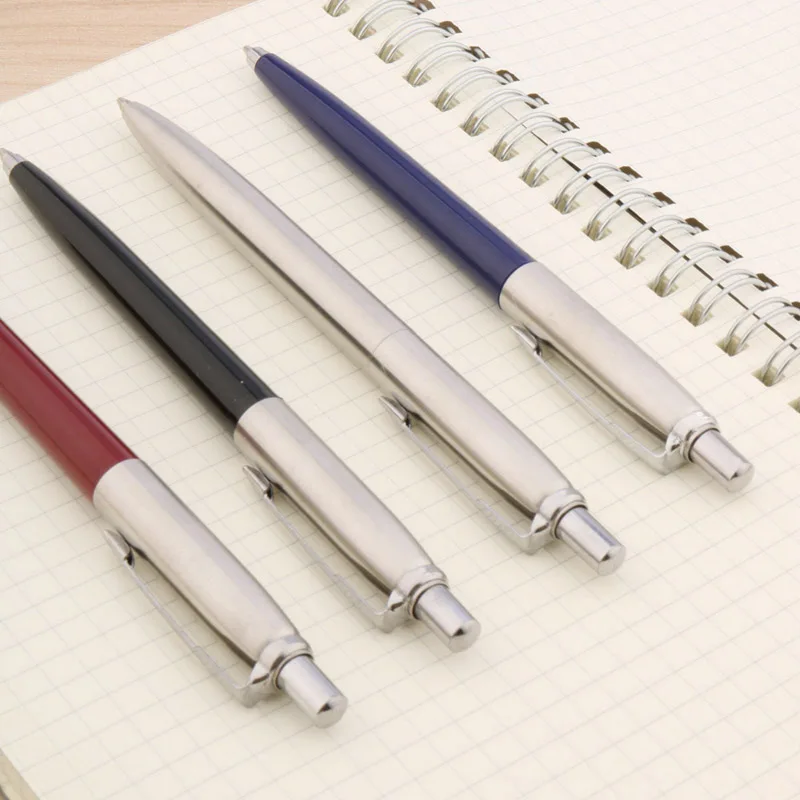 Stainless Steel Ball Point Ballpoint Pen Push Nib Stationery Writing Pen Silver 