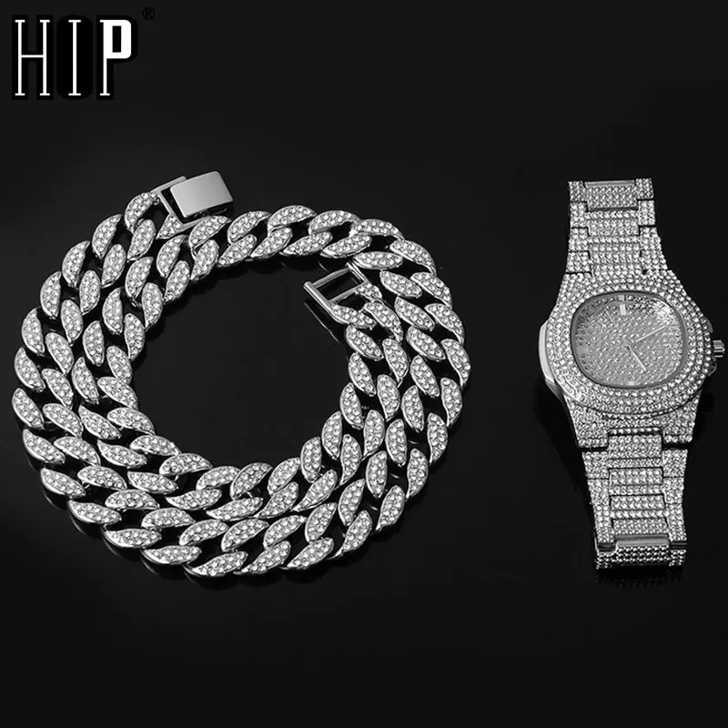 Necklace +Watch+Bracelet Hip Hop Miami Curb Cuban Chain Iced Out Paved Rhinestones CZ Bling Rapper For Men Jewelry | Украшения и