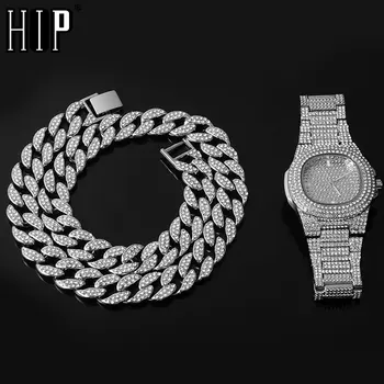 

Necklace +Watch+Bracelet Hip Hop Miami Curb Cuban Chain Iced Out Paved Rhinestones CZ Bling Rapper For Men Jewelry