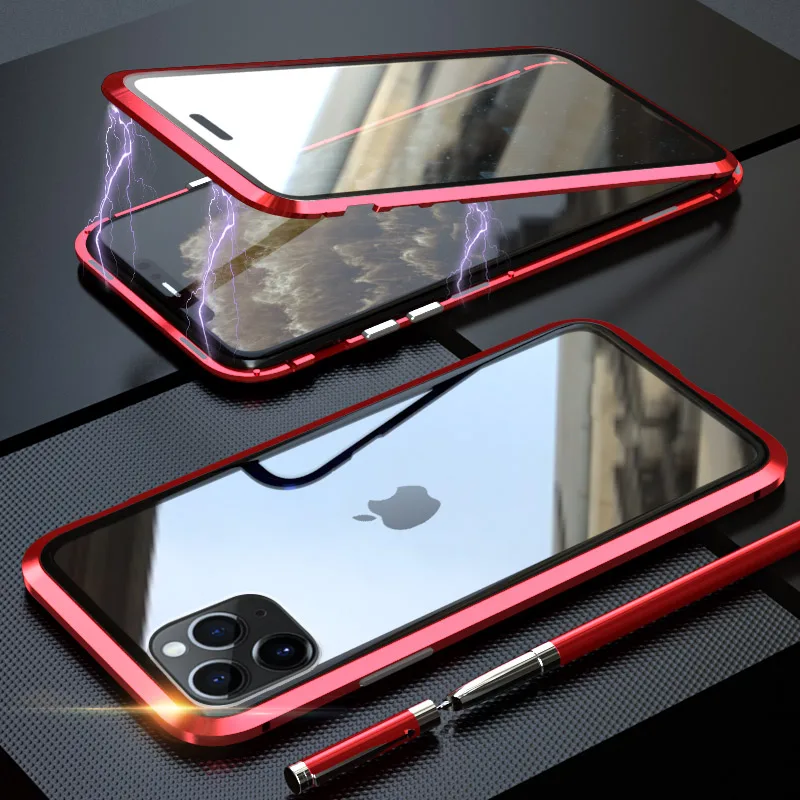 Роскошный Алюминиевый металлический бампер двухсторонний прозрачный стеклянный Магнитный чехол на iPhone 11 Pro Max Магнитные Чехлы 360 Защитный чехол - Цвет: Red