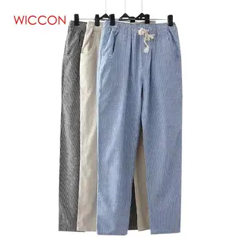 

New Cotton Linen Casual Pants Women Plus Size Summer Striped Harem Pants Pantalon Femme Loose Lace Up Pants Trousers Women