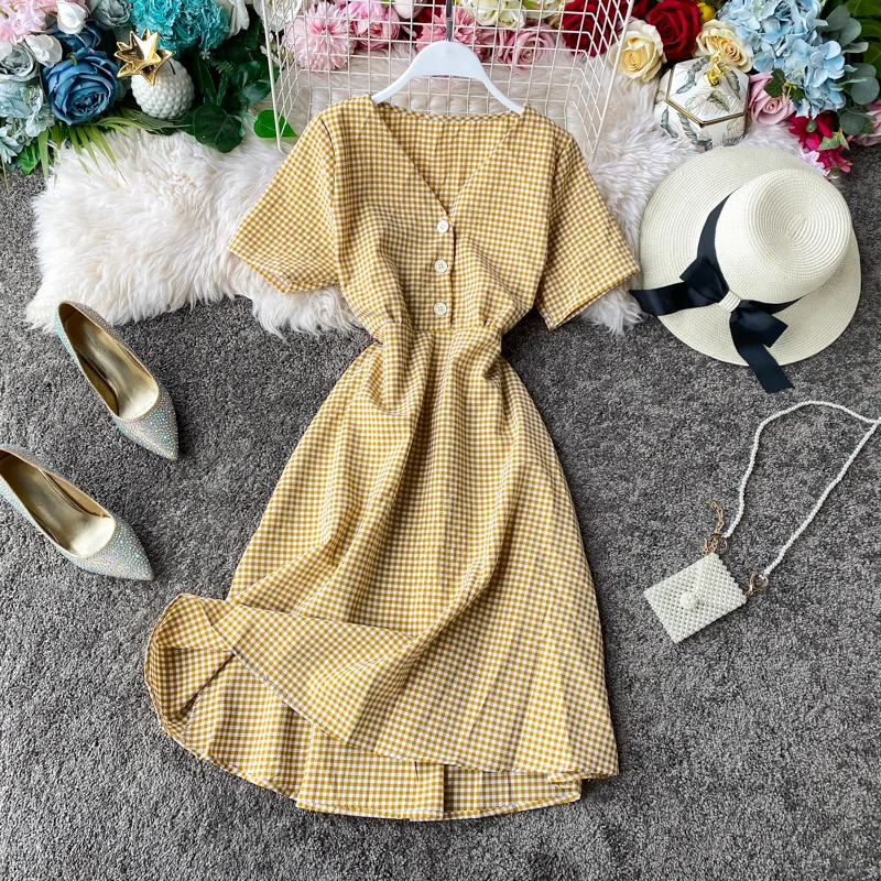 Teeuiear Slim Vintage V Neck Plaid Print Button Dress Slim ladies Summer Midi dress vestido de festa Party Women a-line Dresses