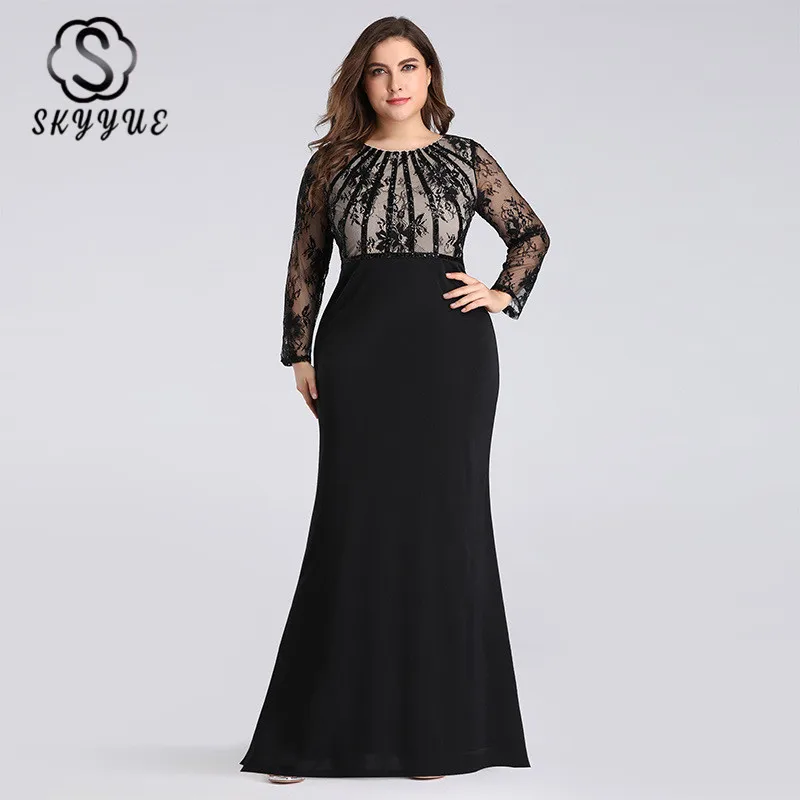 

Skyyue Evening Dress Long Sleeve Robe De Soiree Floor Length Women Party Dresses 2019 Plus Size O-neck Formal Evening Gowns C563