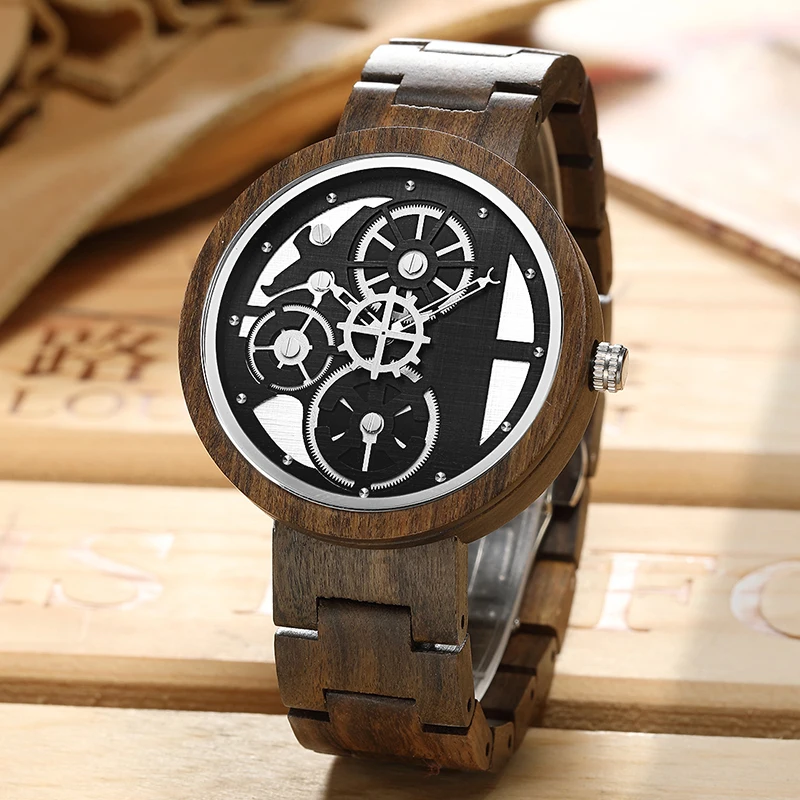 Creative Men's Quartz Movement Wooden Watch Gear Dial Design Features Hands Wooden Strap Business Fashion Gifts for Men 2021 New