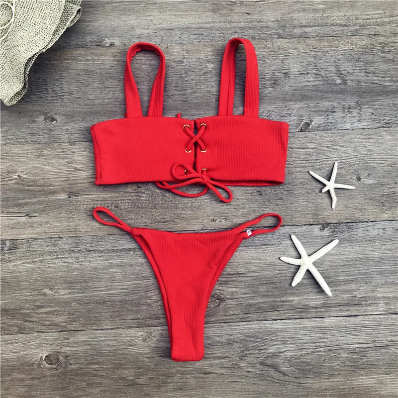 Сексуальные стринги бикини, высокая талия, бразильский купальник, Женский бандажный купальник, Женская цветная пляжная одежда, бикини A322 - Цвет: A314-red
