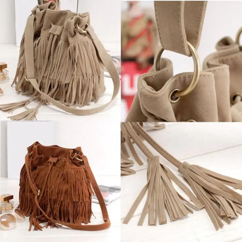 Adisputent Для женщин Винтаж ретро кожаная сумка-ведро сумка женская сумочка с кисточками сумка на шнурке, сумки через плечо