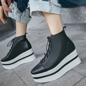 

Lace Up Trainers Women Cow Leather Wedges High Heel Ankle Boots Female Square Toe Platform Pumps Shoes High Top Fashion Sneakers