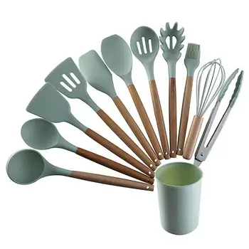 

12pcs/set Silicone Kitchenware Kit Non-stick Spatula Spoon Set Durable Cookware Nordic Beech Handle Kitchen Helper