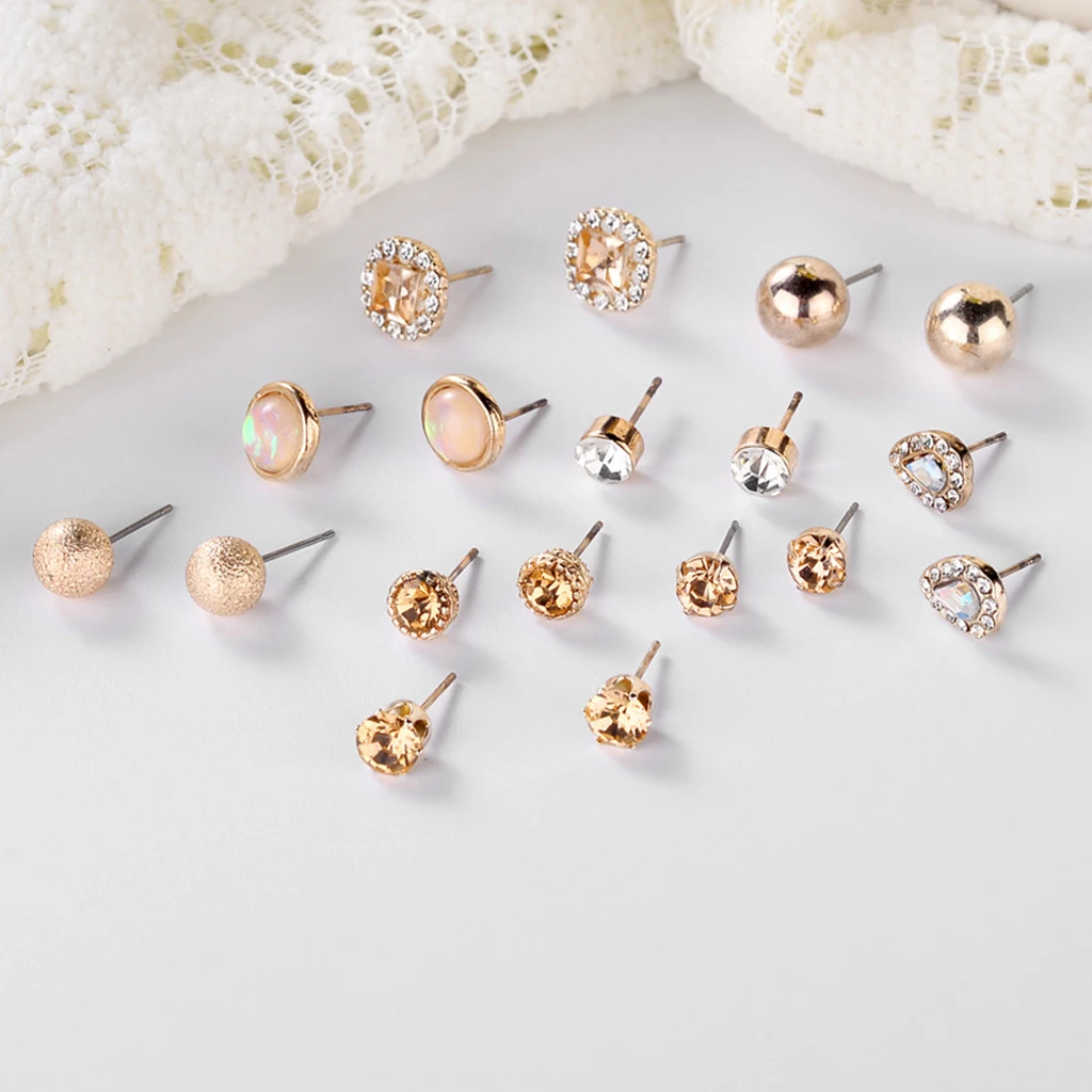 

9Pairs Crystal Stud Earrings Rhinestones Round Ball Charms Women Jewelry