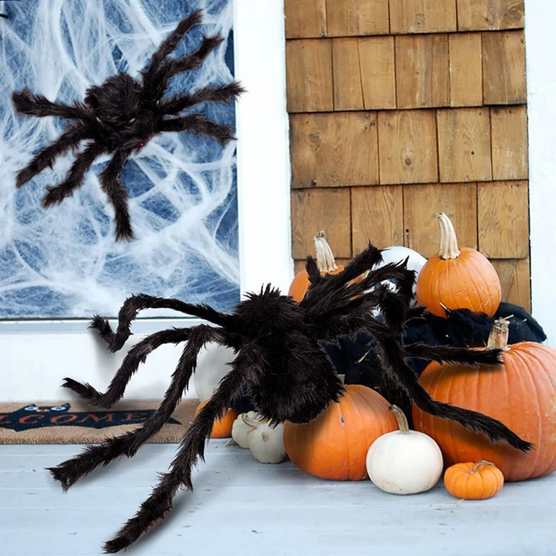 

90CM Super Big Hairy Giant Spider Halloween Prop Haunted House Decor Huge Spider Web Bat Party Holiday DIY Decoration Toys