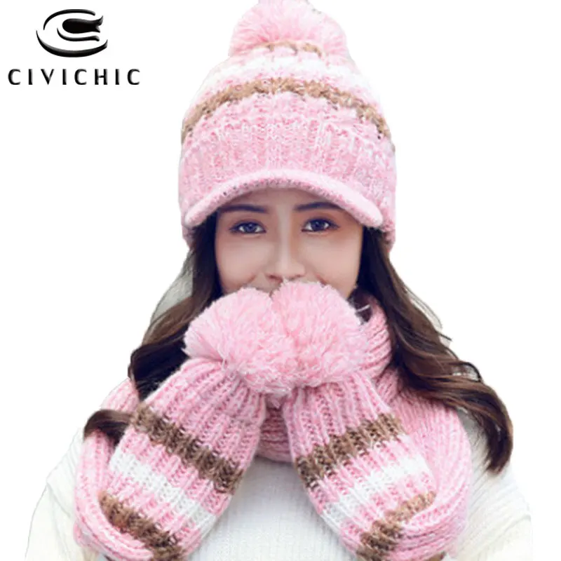 Hawiton 3 Pieces Women Hat Scarf Gloves Set Winter Outdoor Knitted Beanie Pom Pom Hat Circle Scarf Ski Warm Set 