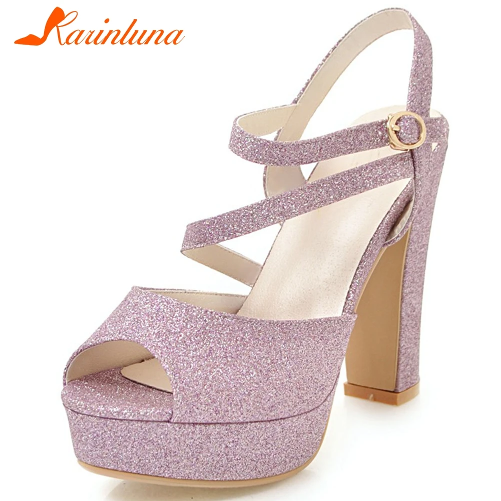 

KARINLUNA Hot Sale Lady Elegant Evening Sandals Summer High Heels Platform Sandals Women Fashion Peep Toe Glitters Shoes Woman