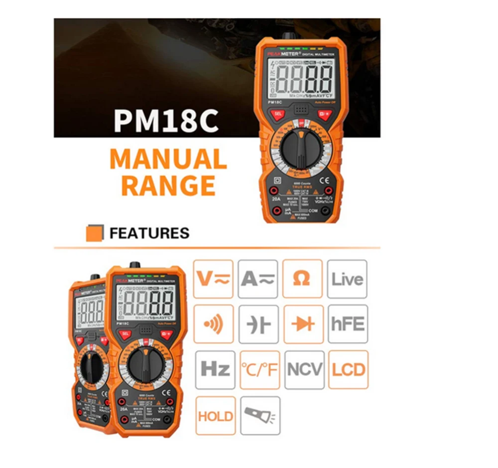 PM18C цифровой мультиметр с истинным RMS AC/DC сопротивление напряжения Емкость Частота Температура бесконтактный Тестер Напряжения