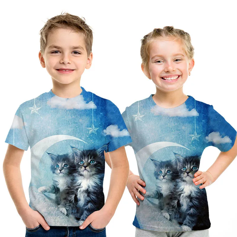 Модные джинсы, рваные цветные детские футболки с животным котом, летняя футболка с 3D принтом милого кота для мальчиков и девочек с круглым вырезом, 4-14 лет, Детская футболка
