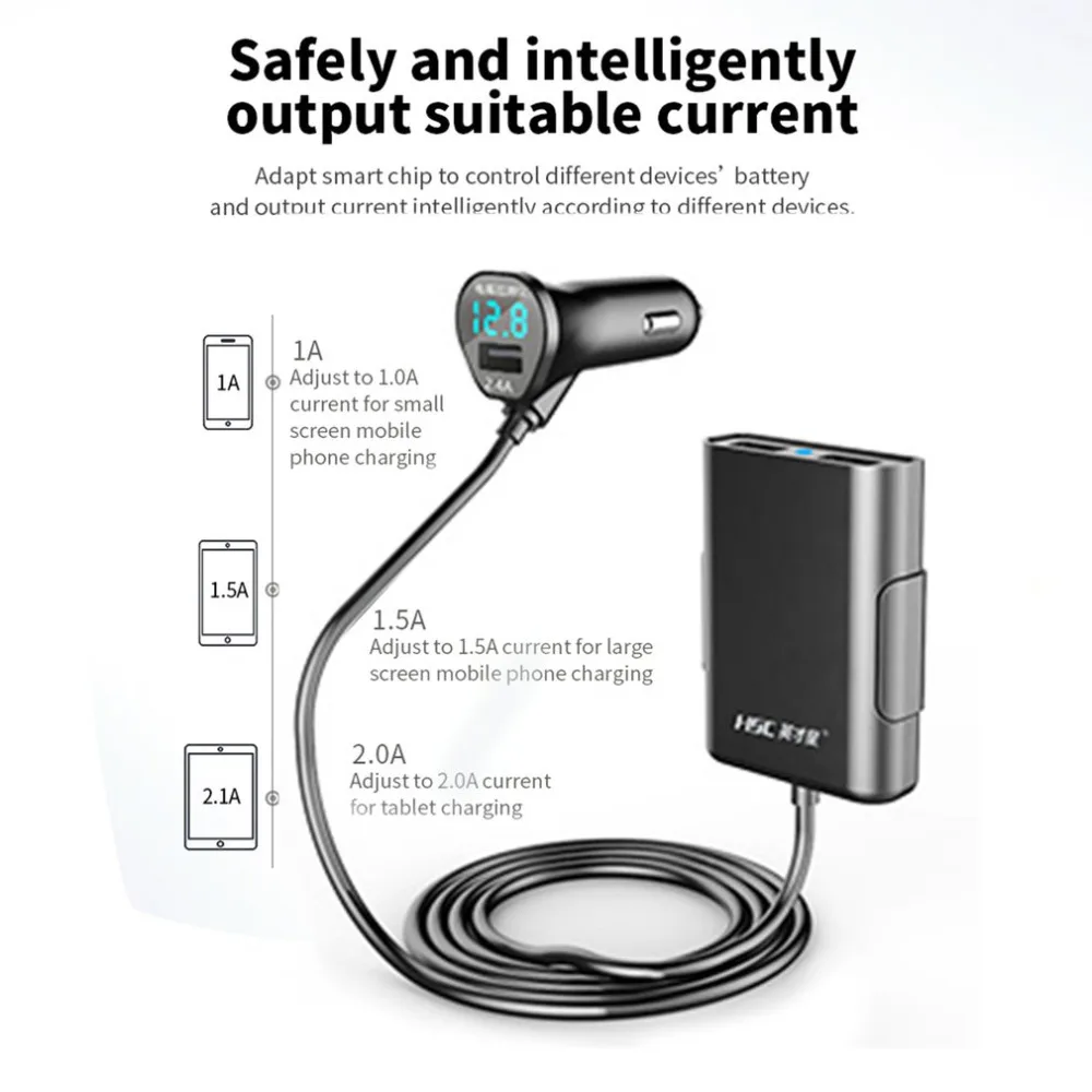 HSC 4.8A 3 порта USB кабель-удлинитель автомобильное зарядное устройство универсальное автомобильное переднее и заднее сиденье зарядное устройство с определением напряжения