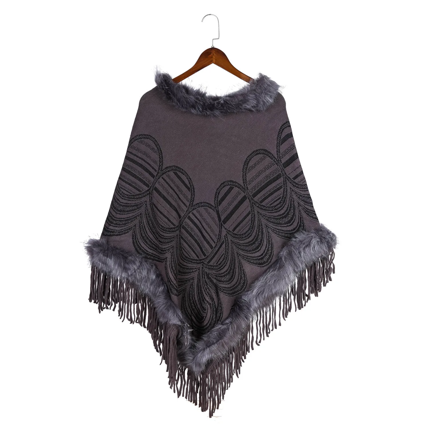 New Fashion Autumn Women Fake Fox Fur Collar Cloak Pullover Lady Bat Sleeves Gray Tassel Poncho Sweater Winter Fur Coat