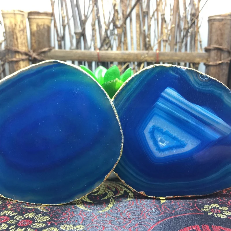 ABUI-2Pcs Агат ломтик синий Агат подстаканник декоративный поднос дизайн каменный поднос золотые края домашний декор Gemstone Coaster