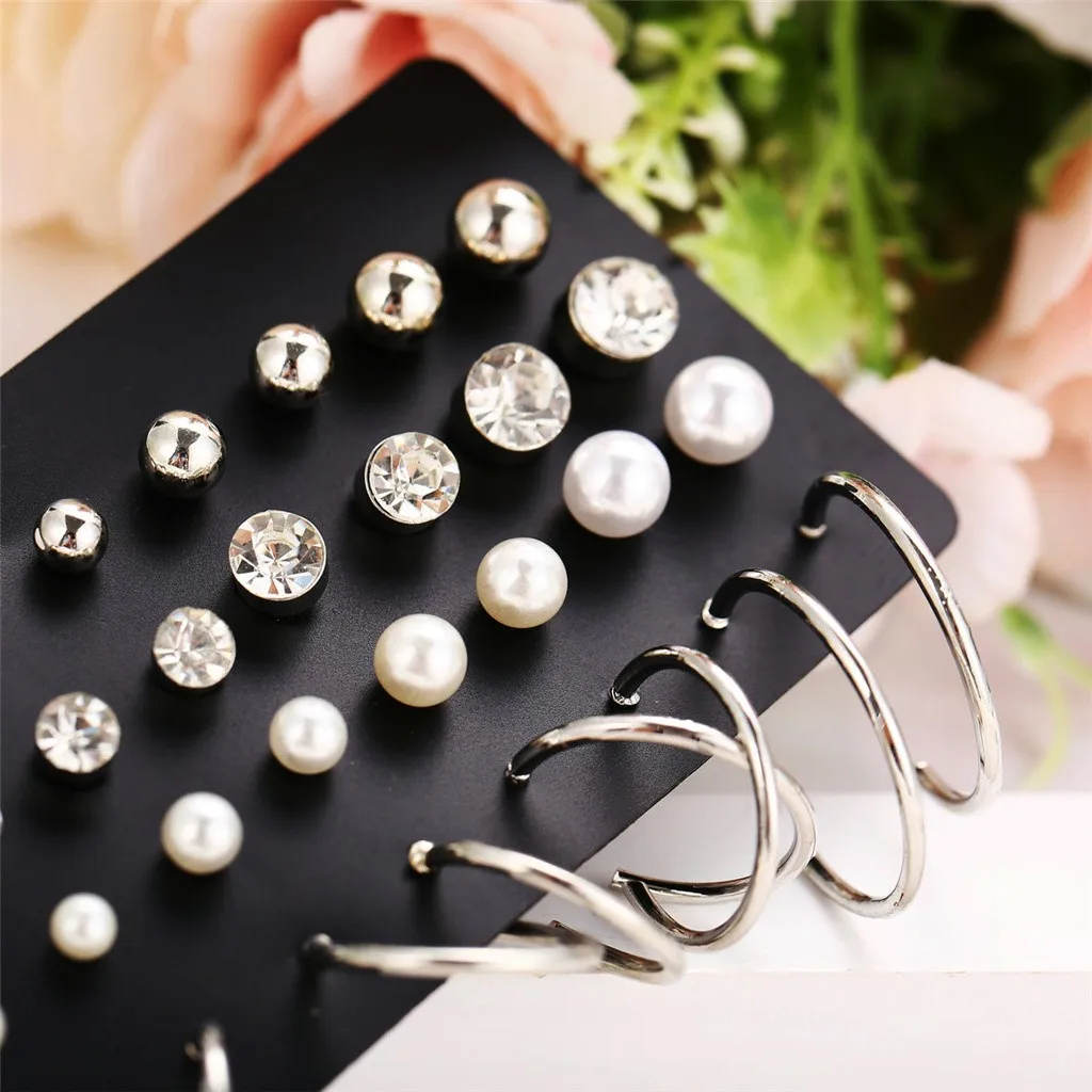 Women Alloy Faux Pearls Circle Hoop Earrings 20 Pairs Of Set For Ladies Vintage Steampunk Shiny Earrings Ear Party Club Jewelry