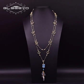 

GLSEEVO Double Layer Natural Crystal Pendant Long Necklace Fresh Water Pearls Jewelry For Women Party Girls Ethnic Gifts GN0195
