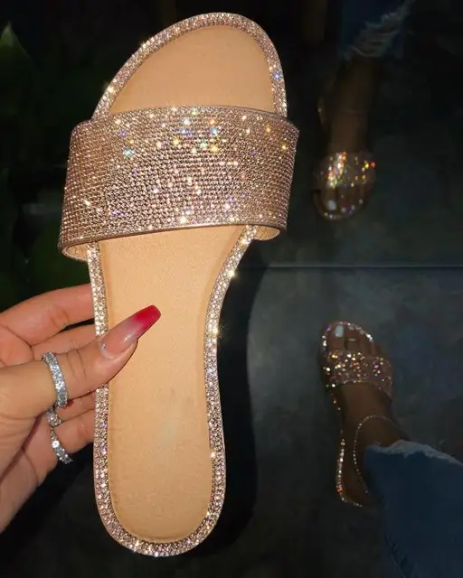 Sandalias básicas con diamantes para mujer, chanclas planas con cristales  brillantes, sin cordones, para vacaciones al aire libre, 9070|Zapatillas| -  AliExpress
