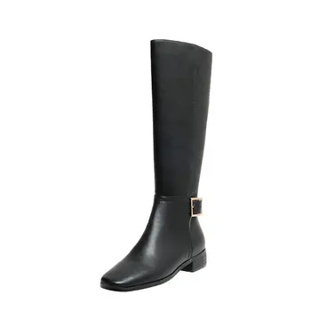 

Fashion buckle Winter Boots For Girls Genuine Leatehr low Heels Shoes Woman Newest square toe Wedding Knee High Boots