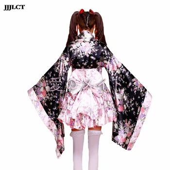 

Cosplay costumemaid anime halloween fancy dress woman japanese kimono sakura print lolita pink short sexy layered skirt
