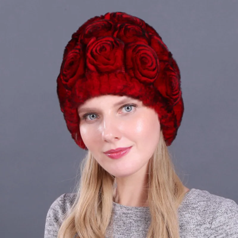 Женская шапка, зимние шапки из искусственного кроличьего меха, цветочные однотонные шапки с черепами, вязаные шапки ручной работы, женская Лыжная утолщенная теплая шапка для девочек - Цвет: 17