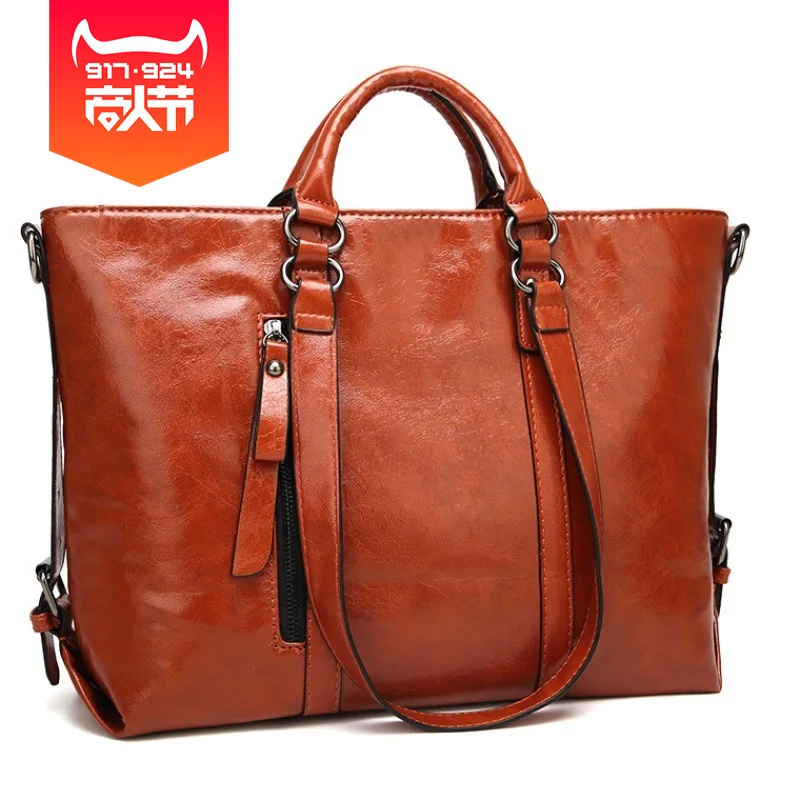 

2019 WOMEN'S Bag Oil Wax Leather Europe And America Fashion Retro Commuting Shoulder Oblique Large Bag