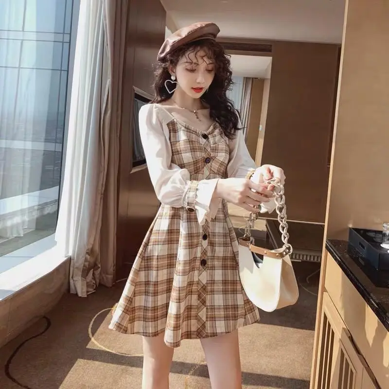 

Fashion Splice Dress 2019 New Vintage Plaid Dress High Waist Fashion V-neck A-line Dresse Woman Party Night Sexy Dress