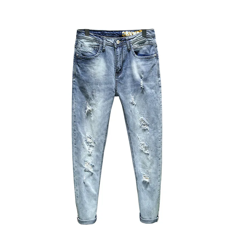 

Джинсы мужские с дырками, модные мягкие облегающие повседневные эластичные брюки из денима, Молодежные эластичные штаны в Корейском стиле, весна-осень