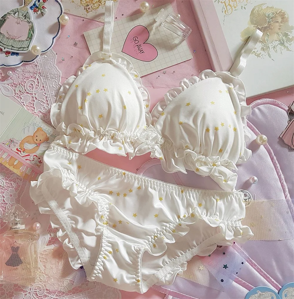 Star Sets Японское мягкое нижнее белье для девочек, милый кот, коготь, молочный шелк с принтом, тонкое секционное женское сексуальное кружевное нижнее белье, комплекты с бюстгальтером - Цвет: Star Sets
