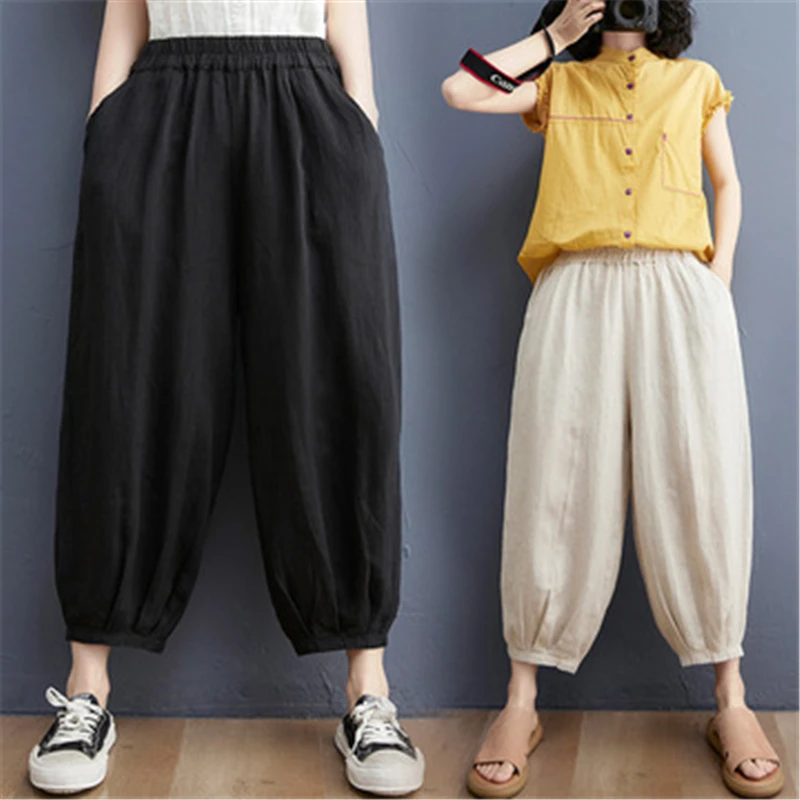 

2021 Autumn Fashion New Style Literary Retro Cotton And Linen Solid Color Tie Feet High Waist Loose Casual Harem Pants Female