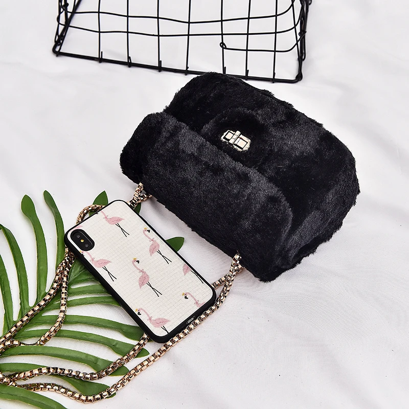 Женская сумка с цепочкой и мехом маленькая квадратная женская модная на плечо