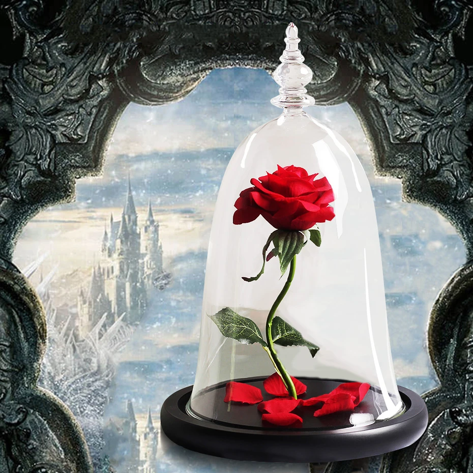 

2019 Christmas Decoration Gift Beauty And Beast Rose Flower In Glass Dome Valentine's Day Present Artificial Flowers