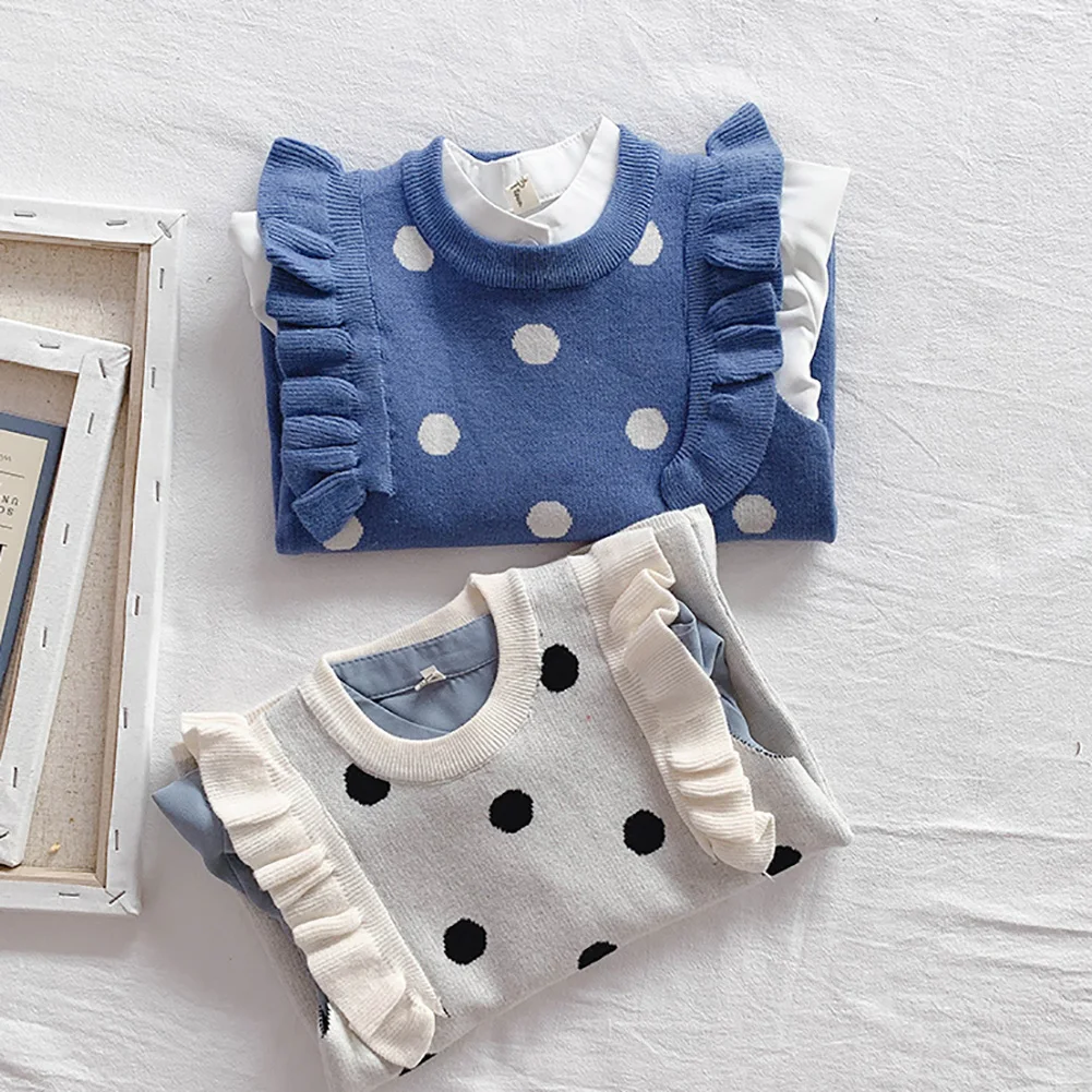 

WEIXINBUY Baby Girls Dress 1-7T Autumn Round Neck Dot Print Knit Princess Cute Toddler Girl Clothes Sweet Sleeveless Vest Dress