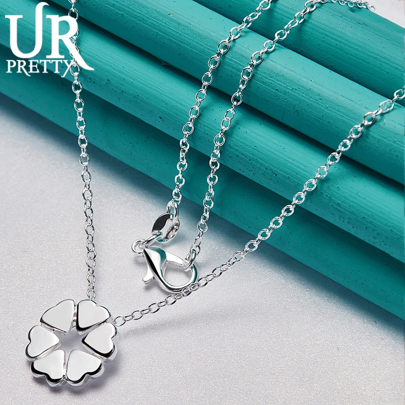 

URPRETTY 925 Sterling Silver Heart Flower Pendant Necklace 16/18/20/22/24/26/28/30 Inch Snake Chain For Woman Wedding Jewelry