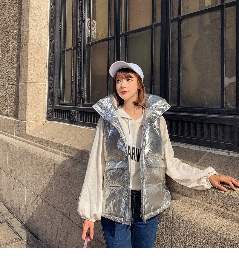 

Ozhouzhan Korean-style Silver Short down Feather Cotton Vest Female Winter New Style Deconstructable Hooded Bright Skin Vest Wai