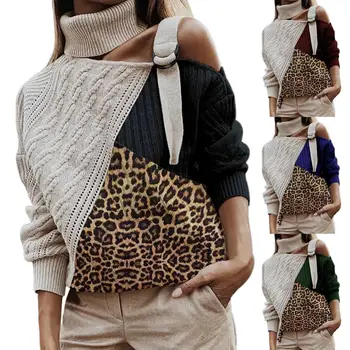 

2020 Autumn Winter Thick Sweater Chic Women Turtle Neck One Shoulder Leopard Print Color Block Patchwork Sweater
