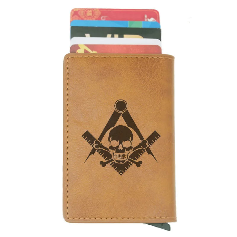 

Classic Masonic Skull RFID Credit Card Holder Anti-Theft Automatic Wallet Card Case Men Mini Leather Male Purse