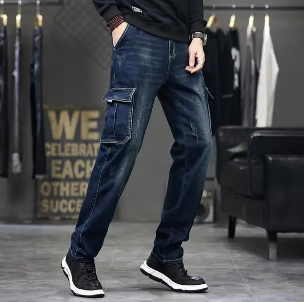 Calças jeans baggy cargo para homens, jeans