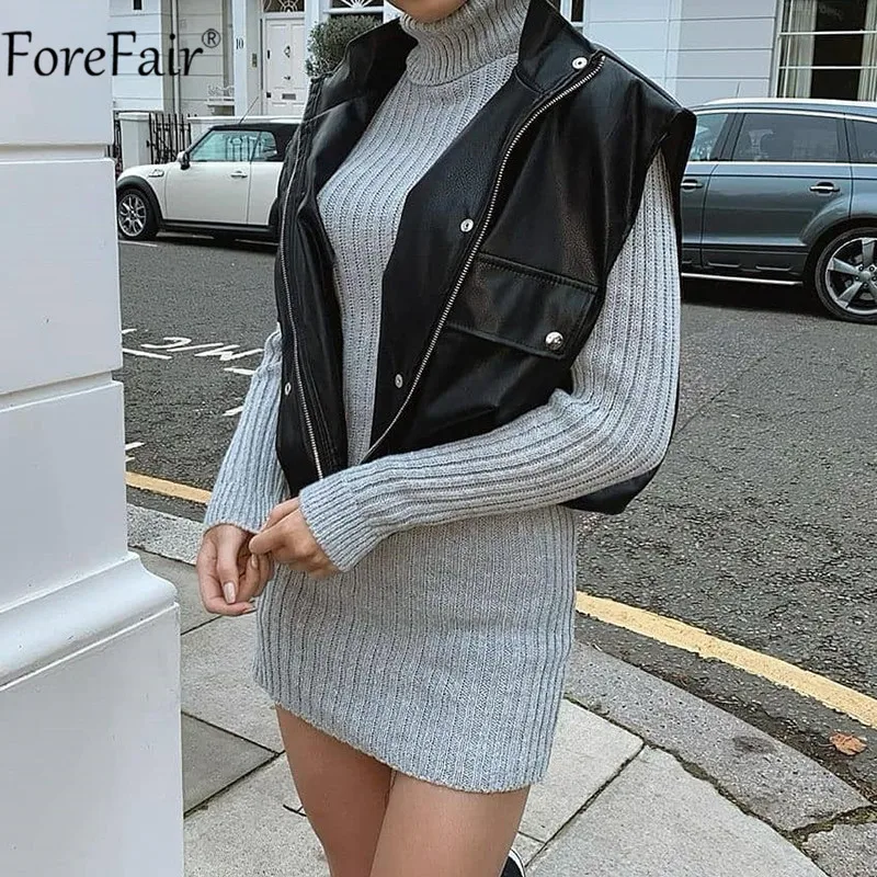 Forefair 2021 Sleeveless Pu Leather Jacket Pockets Women Button Zipper Fashion Coat Bandage Autumn Winter Outwear Jackets Ladies